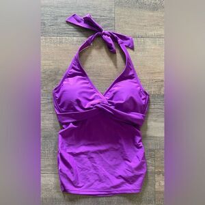 Athleta women’s size 32D/DD tall purple halter twist front tankini swim top